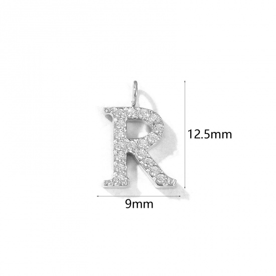 Picture of 2 PCs Eco-friendly 304 Stainless Steel Capital Alphabet Initial Letter Name Charms Silver Tone Message " R " Micro Pave Clear Rhinestone 12.5mm x 9mm