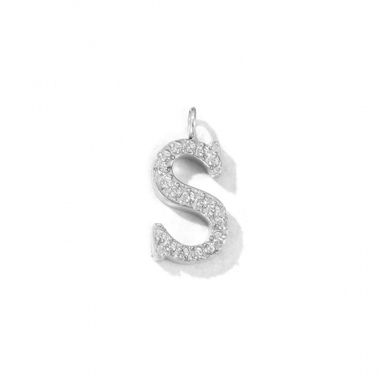 Picture of 2 PCs Eco-friendly 304 Stainless Steel Capital Alphabet Initial Letter Name Charms Silver Tone Message " S " Micro Pave Clear Rhinestone 14mm x 7mm