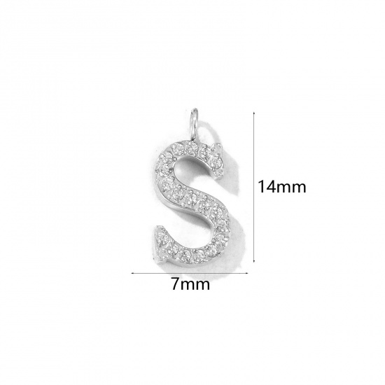 Picture of 2 PCs Eco-friendly 304 Stainless Steel Capital Alphabet Initial Letter Name Charms Silver Tone Message " S " Micro Pave Clear Rhinestone 14mm x 7mm