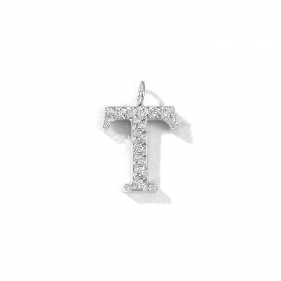 Picture of 2 PCs Eco-friendly 304 Stainless Steel Capital Alphabet Initial Letter Name Charms Silver Tone Message " T " Micro Pave Clear Rhinestone 13mm x 9mm