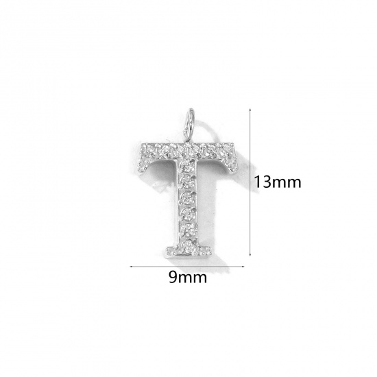 Picture of 2 PCs Eco-friendly 304 Stainless Steel Capital Alphabet Initial Letter Name Charms Silver Tone Message " T " Micro Pave Clear Rhinestone 13mm x 9mm