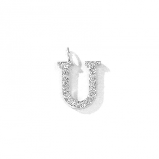 Picture of 2 PCs Eco-friendly 304 Stainless Steel Capital Alphabet Initial Letter Name Charms Silver Tone Message " U " Micro Pave Clear Rhinestone 13mm x 9mm