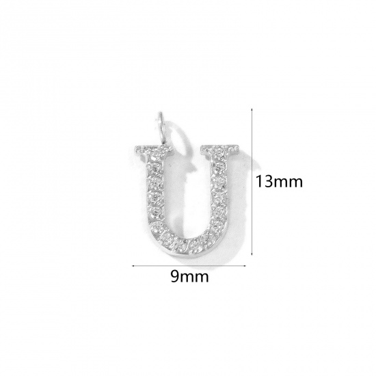 Picture of 2 PCs Eco-friendly 304 Stainless Steel Capital Alphabet Initial Letter Name Charms Silver Tone Message " U " Micro Pave Clear Rhinestone 13mm x 9mm