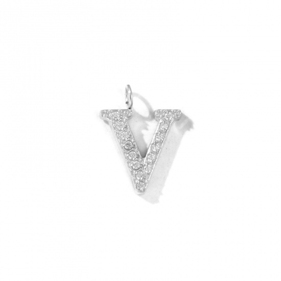 Picture of 2 PCs Eco-friendly 304 Stainless Steel Capital Alphabet Initial Letter Name Charms Silver Tone Message " V " Micro Pave Clear Rhinestone 13mm x 10mm