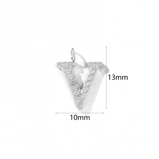Picture of 2 PCs Eco-friendly 304 Stainless Steel Capital Alphabet Initial Letter Name Charms Silver Tone Message " V " Micro Pave Clear Rhinestone 13mm x 10mm