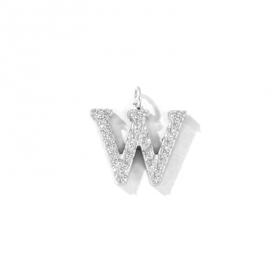 Picture of 2 PCs Eco-friendly 304 Stainless Steel Capital Alphabet Initial Letter Name Charms Silver Tone Message " W " Micro Pave Clear Rhinestone 13mm x 12mm