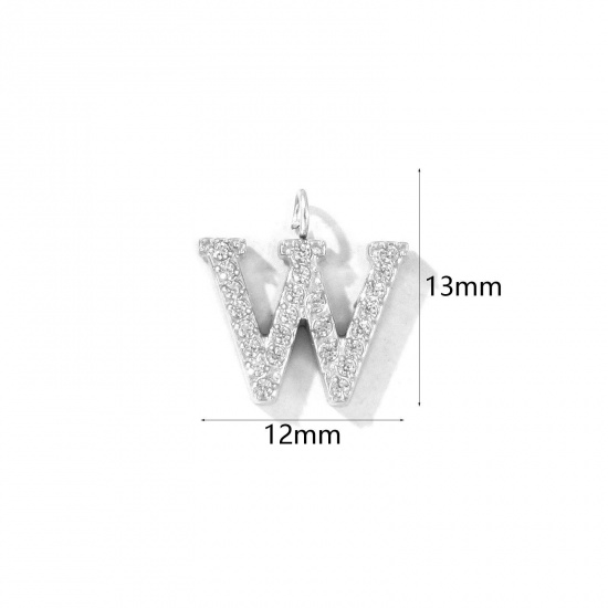 Picture of 2 PCs Eco-friendly 304 Stainless Steel Capital Alphabet Initial Letter Name Charms Silver Tone Message " W " Micro Pave Clear Rhinestone 13mm x 12mm