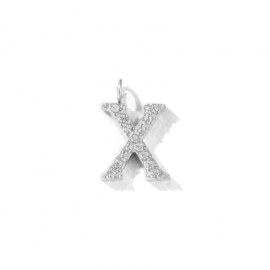 Picture of 2 PCs Eco-friendly 304 Stainless Steel Capital Alphabet Initial Letter Name Charms Silver Tone Message " X " Micro Pave Clear Rhinestone 13mm x 9mm