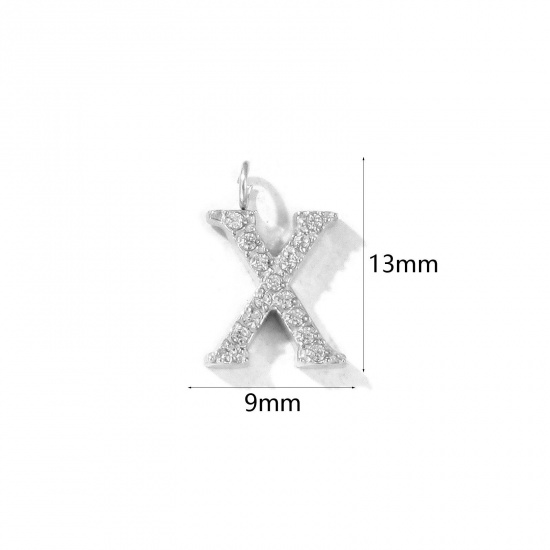 Picture of 2 PCs Eco-friendly 304 Stainless Steel Capital Alphabet Initial Letter Name Charms Silver Tone Message " X " Micro Pave Clear Rhinestone 13mm x 9mm