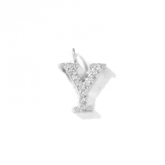 Picture of 2 PCs Eco-friendly 304 Stainless Steel Capital Alphabet Initial Letter Name Charms Silver Tone Message " Y " Micro Pave Clear Rhinestone 12.5mm x 9mm