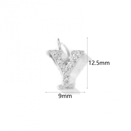 Picture of 2 PCs Eco-friendly 304 Stainless Steel Capital Alphabet Initial Letter Name Charms Silver Tone Message " Y " Micro Pave Clear Rhinestone 12.5mm x 9mm