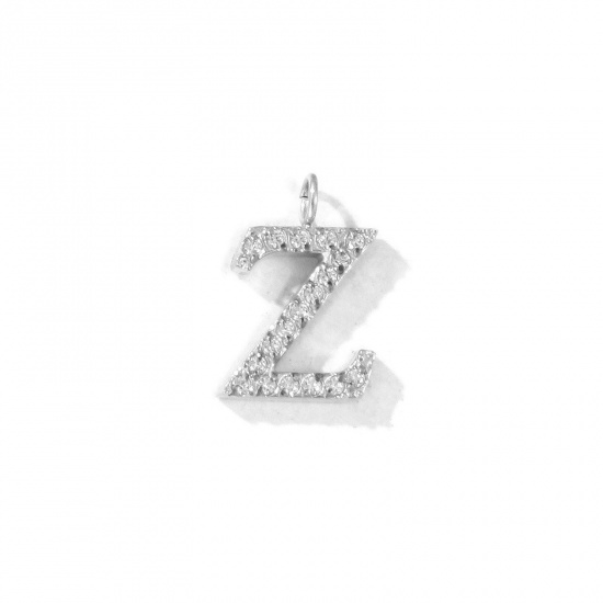 Picture of 2 PCs Eco-friendly 304 Stainless Steel Capital Alphabet Initial Letter Name Charms Silver Tone Message " Z " Micro Pave Clear Rhinestone 13mm x 9mm