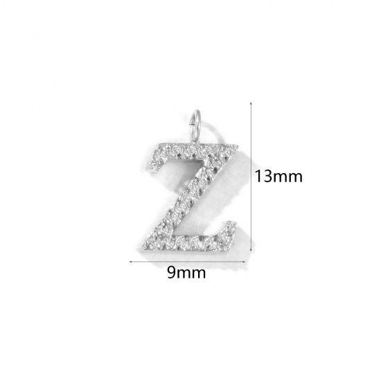 Picture of 2 PCs Eco-friendly 304 Stainless Steel Capital Alphabet Initial Letter Name Charms Silver Tone Message " Z " Micro Pave Clear Rhinestone 13mm x 9mm