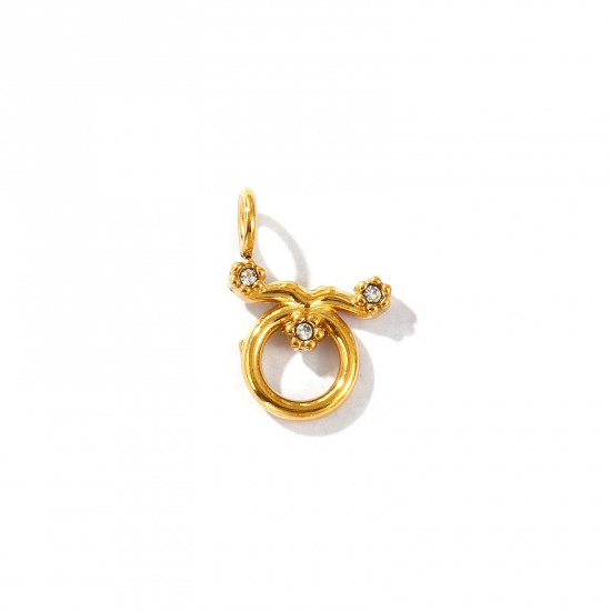 Picture of 2 PCs Eco-friendly PVD Vacuum Plating 304 Stainless Steel Charms 18K Gold Plated Taurus Sign Of Zodiac Constellations Micro Pave Clear Rhinestone 13mm x 9mm