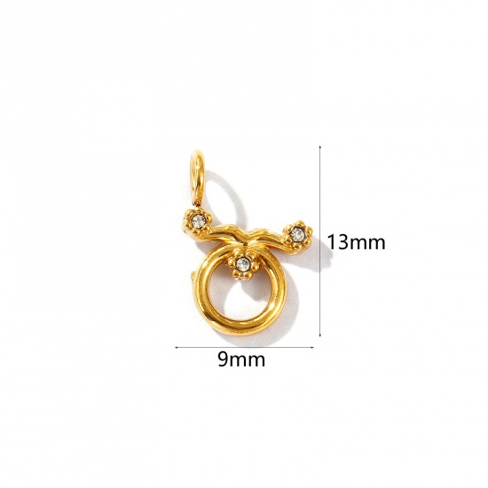 Picture of 2 PCs Eco-friendly PVD Vacuum Plating 304 Stainless Steel Charms 18K Gold Plated Taurus Sign Of Zodiac Constellations Micro Pave Clear Rhinestone 13mm x 9mm