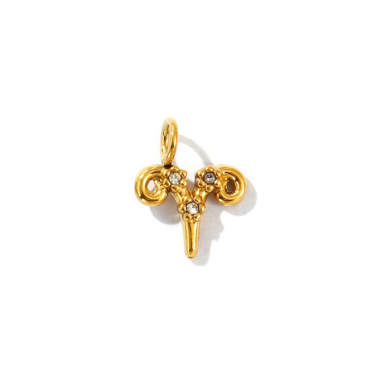 Picture of 2 PCs Eco-friendly PVD Vacuum Plating 304 Stainless Steel Charms 18K Gold Plated Aries Sign Of Zodiac Constellations Micro Pave Clear Rhinestone 11mm x 9mm