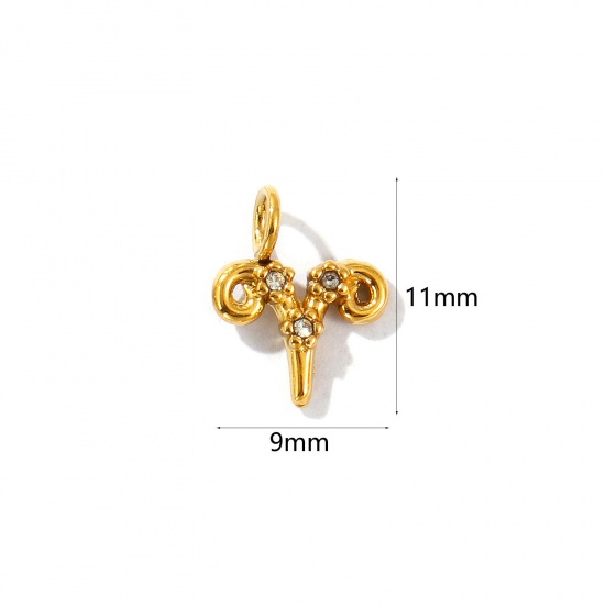Picture of 2 PCs Eco-friendly PVD Vacuum Plating 304 Stainless Steel Charms 18K Gold Plated Aries Sign Of Zodiac Constellations Micro Pave Clear Rhinestone 11mm x 9mm