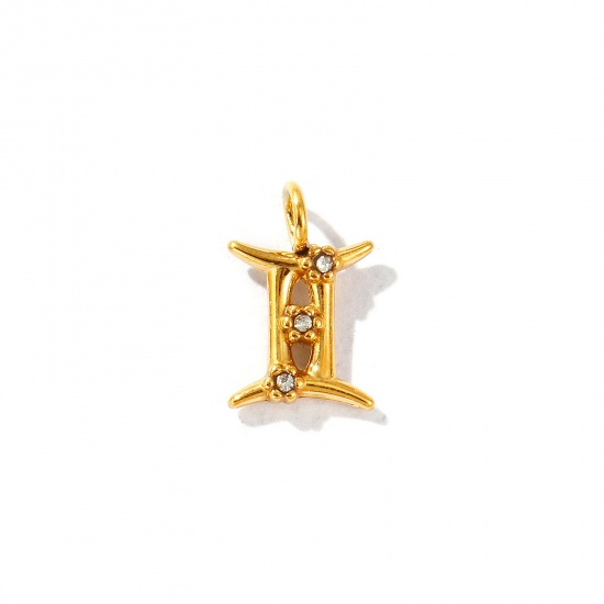 Picture of 2 PCs Eco-friendly PVD Vacuum Plating 304 Stainless Steel Charms 18K Gold Plated Gemini Sign Of Zodiac Constellations Micro Pave Clear Rhinestone 12mm x 8mm