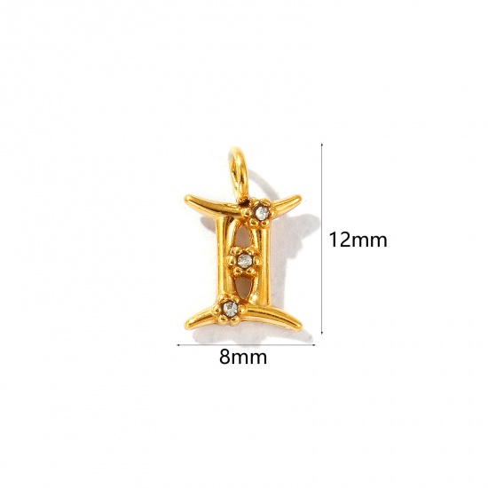Picture of 2 PCs Eco-friendly PVD Vacuum Plating 304 Stainless Steel Charms 18K Gold Plated Gemini Sign Of Zodiac Constellations Micro Pave Clear Rhinestone 12mm x 8mm