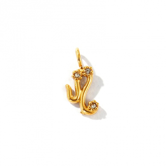 Picture of 2 PCs Eco-friendly PVD Vacuum Plating 304 Stainless Steel Charms 18K Gold Plated Leo Sign Of Zodiac Constellations Micro Pave Clear Rhinestone 13mm x 6mm