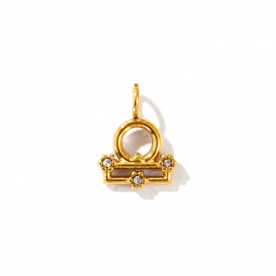 Picture of 2 PCs Eco-friendly PVD Vacuum Plating 304 Stainless Steel Charms 18K Gold Plated Libra Sign Of Zodiac Constellations Micro Pave Clear Rhinestone 12mm x 9mm