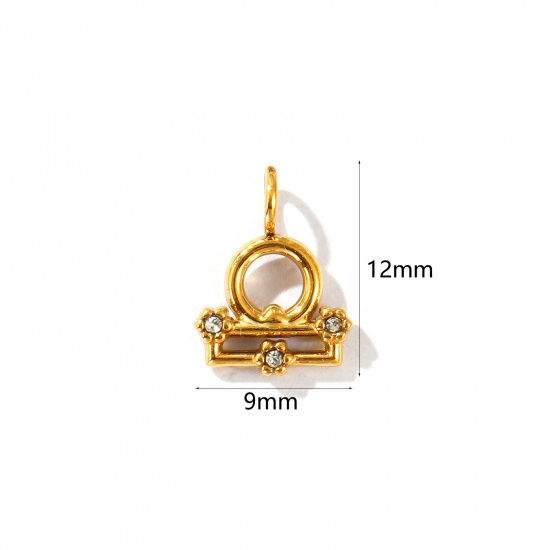 Picture of 2 PCs Eco-friendly PVD Vacuum Plating 304 Stainless Steel Charms 18K Gold Plated Libra Sign Of Zodiac Constellations Micro Pave Clear Rhinestone 12mm x 9mm