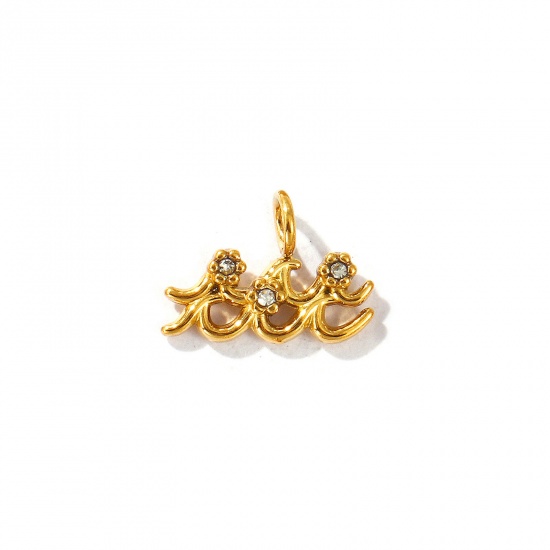 Picture of 2 PCs Eco-friendly PVD Vacuum Plating 304 Stainless Steel Charms 18K Gold Plated Aquarius Sign Of Zodiac Constellations Micro Pave Clear Rhinestone 12mm x 9mm