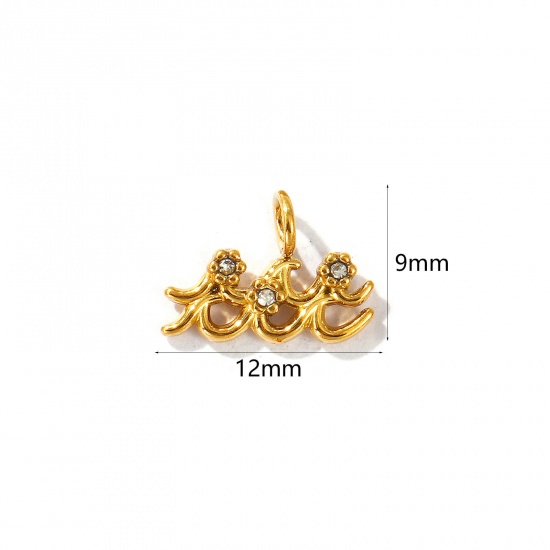 Picture of 2 PCs Eco-friendly PVD Vacuum Plating 304 Stainless Steel Charms 18K Gold Plated Aquarius Sign Of Zodiac Constellations Micro Pave Clear Rhinestone 12mm x 9mm