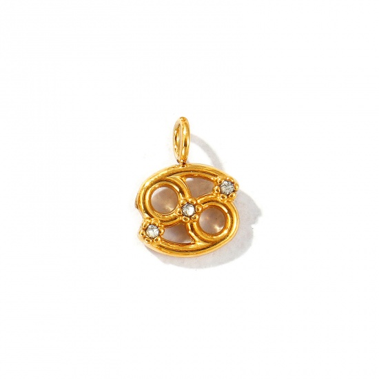 Picture of 2 PCs Eco-friendly PVD Vacuum Plating 304 Stainless Steel Charms 18K Gold Plated Cancer Sign Of Zodiac Constellations Micro Pave Clear Rhinestone 12mm x 9mm