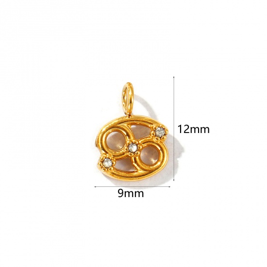 Picture of 2 PCs Eco-friendly PVD Vacuum Plating 304 Stainless Steel Charms 18K Gold Plated Cancer Sign Of Zodiac Constellations Micro Pave Clear Rhinestone 12mm x 9mm