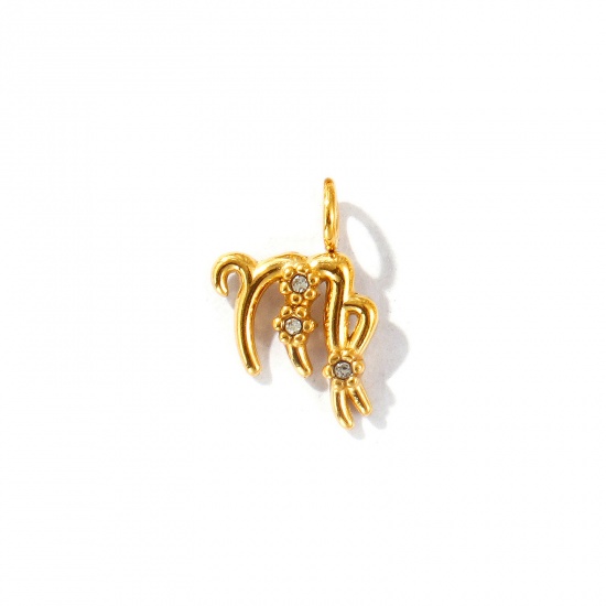 Picture of 2 PCs Eco-friendly PVD Vacuum Plating 304 Stainless Steel Charms 18K Gold Plated Virgo Sign Of Zodiac Constellations Micro Pave Clear Rhinestone 13mm x 9mm