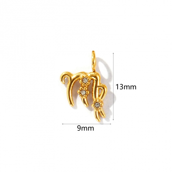 Picture of 2 PCs Eco-friendly PVD Vacuum Plating 304 Stainless Steel Charms 18K Gold Plated Virgo Sign Of Zodiac Constellations Micro Pave Clear Rhinestone 13mm x 9mm