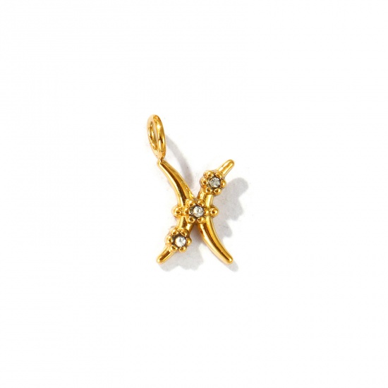 Picture of 2 PCs Eco-friendly PVD Vacuum Plating 304 Stainless Steel Charms 18K Gold Plated Pisces Sign Of Zodiac Constellations Micro Pave Clear Rhinestone 13mm x 7mm