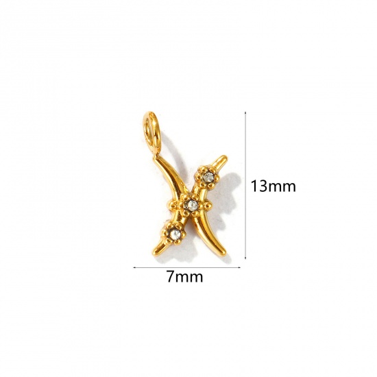 Picture of 2 PCs Eco-friendly PVD Vacuum Plating 304 Stainless Steel Charms 18K Gold Plated Pisces Sign Of Zodiac Constellations Micro Pave Clear Rhinestone 13mm x 7mm
