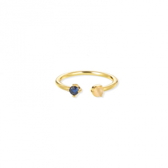 Picture of Wholesale Women's Gift Royal Blue Cubic Zirconia Open Adjustable Rings, 18K Gold Plated Brass, Stylish Dainty Jewelry Supply, 16mm(US size 5.25), 1 Piece