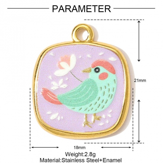 Picture of 1 Piece Eco-friendly PVD Vacuum Plating 304 Stainless Steel Charms 18K Gold Plated Multicolor Square Bird Printed 21mm x 18mm