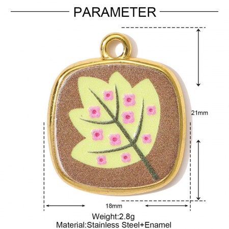 Picture of 1 Piece Eco-friendly PVD Vacuum Plating 304 Stainless Steel Charms 18K Gold Plated Multicolor Square Leaf Printed 21mm x 18mm