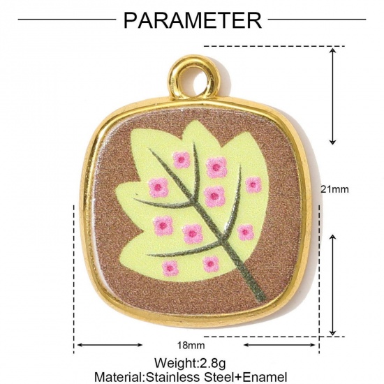 Picture of 1 Piece Eco-friendly PVD Vacuum Plating 304 Stainless Steel Charms 18K Gold Plated Multicolor Square Leaf Printed 21mm x 18mm