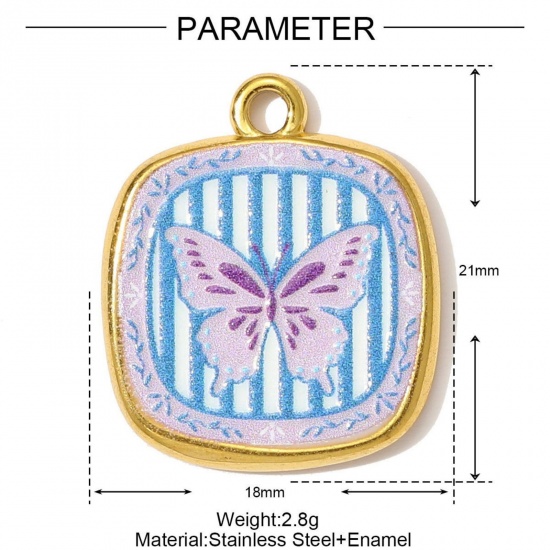 Picture of 1 Piece Eco-friendly PVD Vacuum Plating 304 Stainless Steel Charms 18K Gold Plated Multicolor Square Butterfly Printed 21mm x 18mm