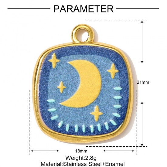 Picture of 1 Piece Eco-friendly PVD Vacuum Plating 304 Stainless Steel Charms 18K Gold Plated Multicolor Square Moon Printed 21mm x 18mm