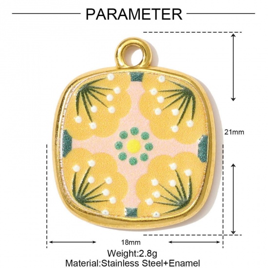 Picture of 1 Piece Eco-friendly PVD Vacuum Plating 304 Stainless Steel Charms 18K Gold Plated Multicolor Square Grass Printed 21mm x 18mm