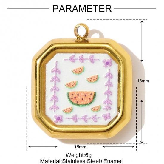 Picture of 1 Piece Eco-friendly PVD Vacuum Plating 304 Stainless Steel Charms 18K Gold Plated Multicolor Octagon Watermelon Fruit Printed 18mm x 15mm