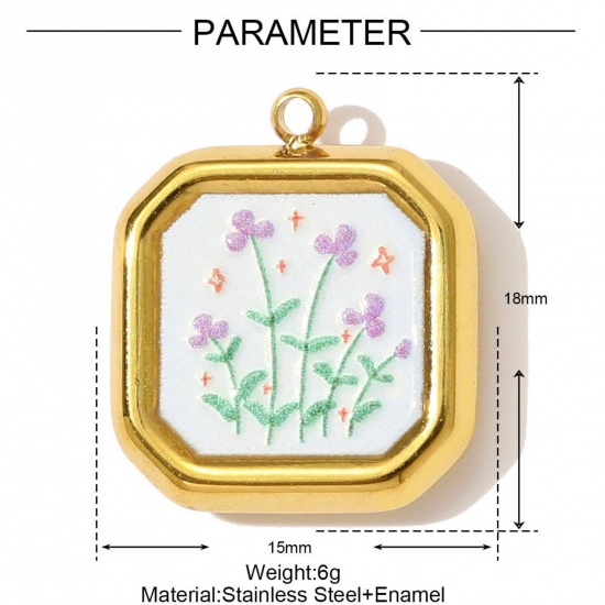 Picture of 1 Piece Eco-friendly PVD Vacuum Plating 304 Stainless Steel Charms 18K Gold Plated Multicolor Octagon Flower Printed 18mm x 15mm