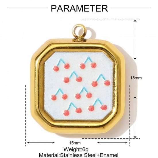 Picture of 1 Piece Eco-friendly PVD Vacuum Plating 304 Stainless Steel Charms 18K Gold Plated Multicolor Octagon Cherry Fruit Printed 18mm x 15mm