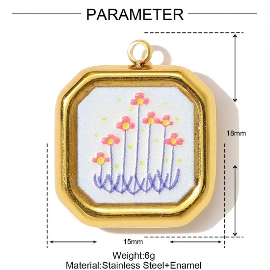 Picture of 1 Piece Eco-friendly PVD Vacuum Plating 304 Stainless Steel Charms 18K Gold Plated Multicolor Octagon Flower Printed 18mm x 15mm
