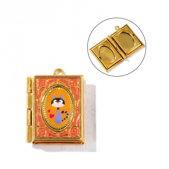 Picture of 1 Piece Eco-friendly PVD Vacuum Plating Waterproof Anti-Tarnish Hypoallergenic 304 Stainless Steel Pet Memorial Picture Photo Locket Frame Pendants 18K Real Gold Plated Orange Enamel Rectangle Cat Can Open 26mm x 19mm