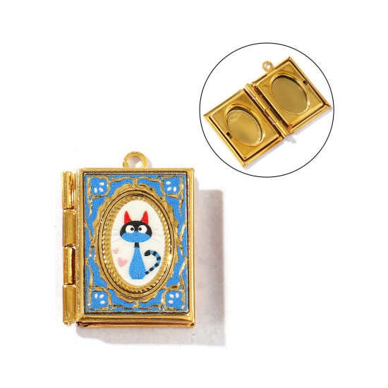 Picture of 1 Piece Eco-friendly PVD Vacuum Plating Waterproof Anti-Tarnish Hypoallergenic 304 Stainless Steel Pet Memorial Picture Photo Locket Frame Pendants 18K Real Gold Plated Blue Enamel Rectangle Cat Can Open 26mm x 19mm