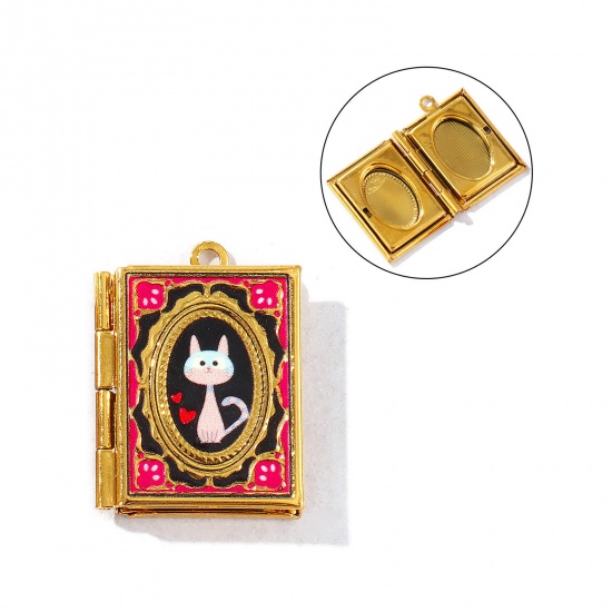 Picture of 1 Piece Eco-friendly PVD Vacuum Plating Waterproof Anti-Tarnish Hypoallergenic 304 Stainless Steel Pet Memorial Picture Photo Locket Frame Pendants 18K Real Gold Plated Black Enamel Rectangle Cat Can Open 26mm x 19mm