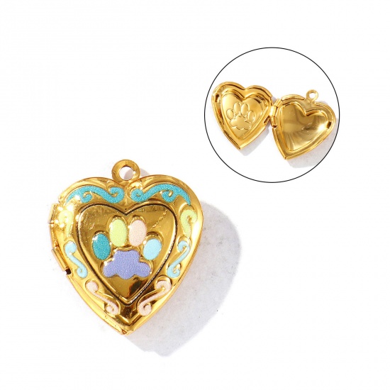 Picture of 1 Piece Eco-friendly PVD Vacuum Plating Waterproof Anti-Tarnish Hypoallergenic 304 Stainless Steel Pet Memorial Picture Photo Locket Frame Pendants 18K Real Gold Plated Multicolor Enamel Heart Paw Print Can Open 23mm x 20mm