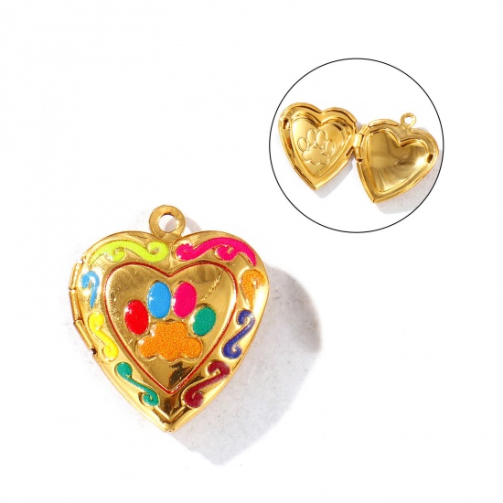 Picture of 1 Piece Eco-friendly PVD Vacuum Plating Waterproof Anti-Tarnish Hypoallergenic 304 Stainless Steel Pet Memorial Picture Photo Locket Frame Pendants 18K Real Gold Plated Multicolor Enamel Heart Paw Print Can Open 23mm x 20mm